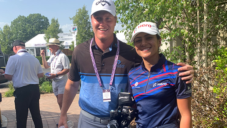 Tvesa with her caddie Carl at the Aramco Team Series London.
