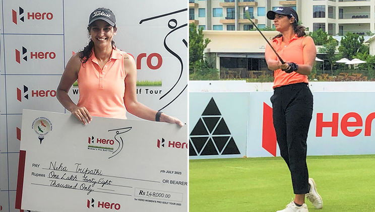 Neha Tripathi with her winner's giant cheque at the end of the 10th leg of the Hero Women's Pro Golf Tour