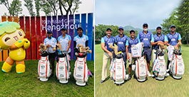 Indian Women's Golf Team Pranavi Urs, Aditi Ashok and Avani Prashanth and 01-Men's Team - IGU member Sundeep Verma, Shubhankar (2nd from left), SSP Chawrasia, Coach Jesse Grewal, Anirban Lahiri and Khalin Joshi in action