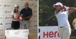 Neha Tripathi gets her winning cheque and Trophy from Ravi Grover afer winning the 12th Leg of theHero WPG Tour