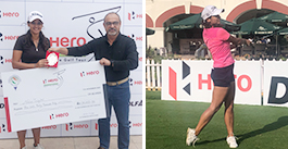 Neha Tripathi getting her winner's cheque from Lt Col Devrishi Singhal, CEO of RCGC after the 15 Leg of Hero WPGT