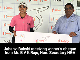 Jahanvi Bakshi receiving winner's cheque from Mr. B V K Raju, Hon. Secretary HGA