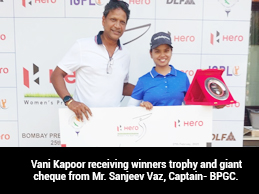 Sneha Singh receiving winner's trophy and giant cheque jointly from Mr. Indraneel Mujgule, VP-Poona Club & Mr. Ikram Khan, GSC- Advisor