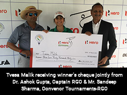 Tvesa Malik receiving winner's cheque jointly from Dr. Ashok Gupta, Captain RGC & Mr. Sandeep Sharma, Convenor Tournaments-RGC